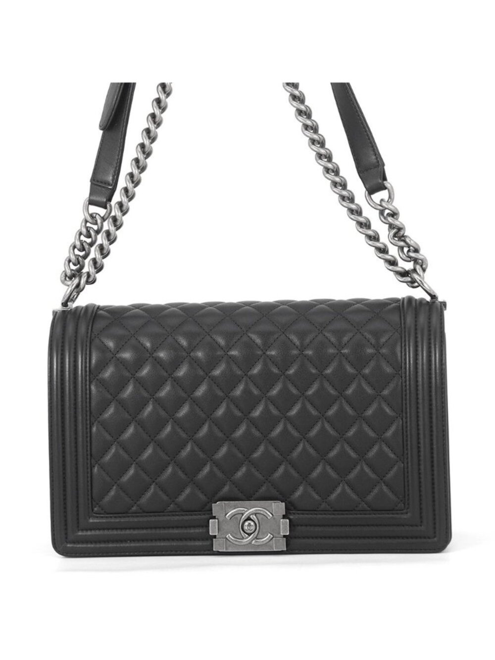 Chanel Chain Shoulder Bag Boy Large Quilted CC Logo Lambskin Black